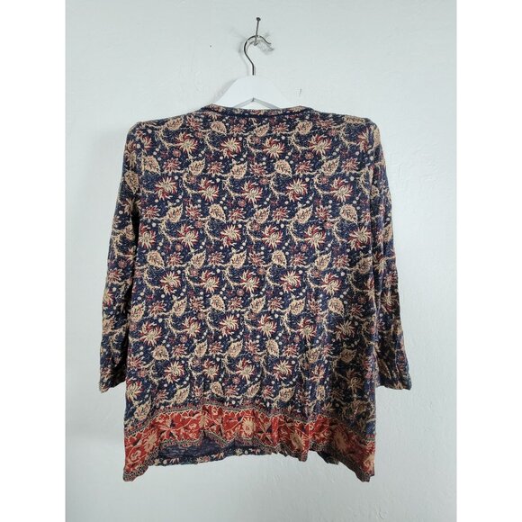 Lucky Brand Womens Floral Boho Print 3/4 Sleeve V-neck Top Large Blue Red Casual - Picture 2 of 9